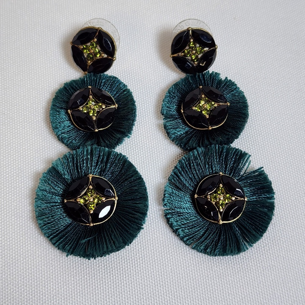 Stella & Dot Green Tassel Fringe Earrings Gold & Black Beaded‎ Statement